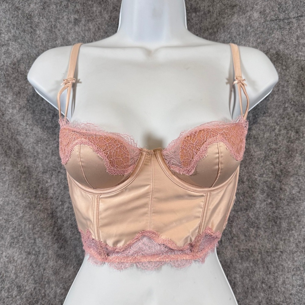 Victorias Secret Corset Top Womens 32B Pushup Boudoir Lace Satin Bustier Pink